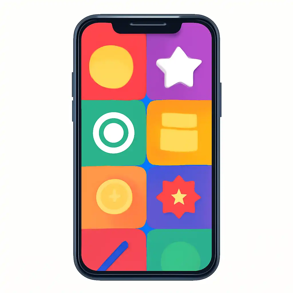 Smartphone shown from the front displaying a colourful flat layout of abstract game icons and rounded tiles (no text, no letters, no labels), Lottery 7