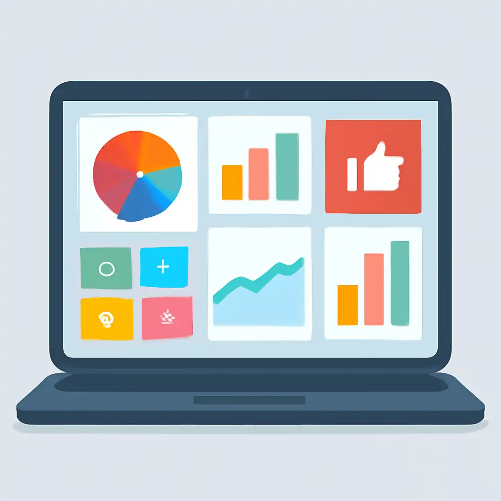 Laptop shown from the front displaying a colourful flat dashboard of abstract charts, bars and icon tiles (no text, no letters, no labels), Lottery 7