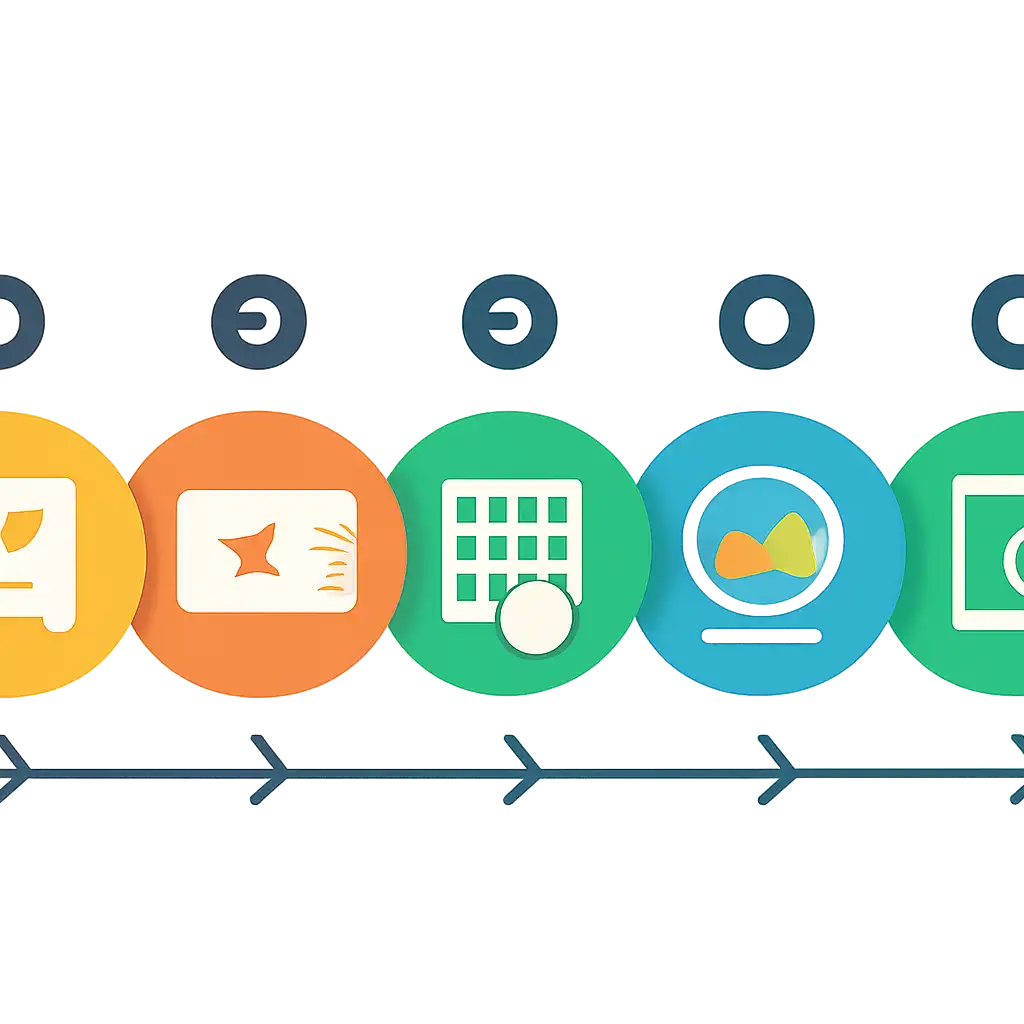 Five numbered circular icons connected by arrows in a horizontal flow, flat illustration, icons only, no words, Lottery 7 steps